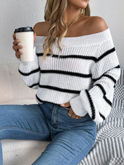 White Striped Off-Shoulder Knit Sweater - TEVQA