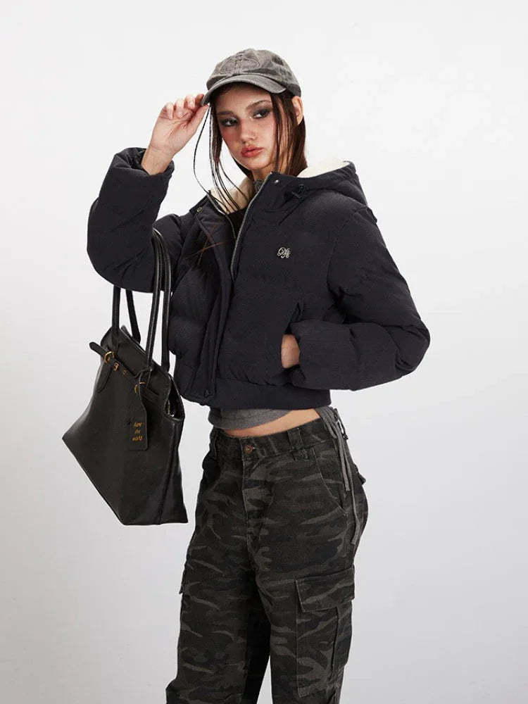 Textured Cropped Hooded Puffer Jacket - TEVQA