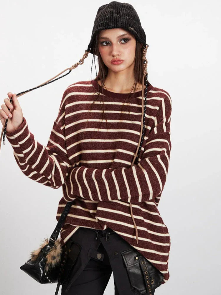 Vintage Burgundy Striped Oversized Long Sleeve Tee - TEVQA