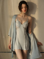 French Princess | Dot Mesh & Lace Satin Robe Set - TEVQA