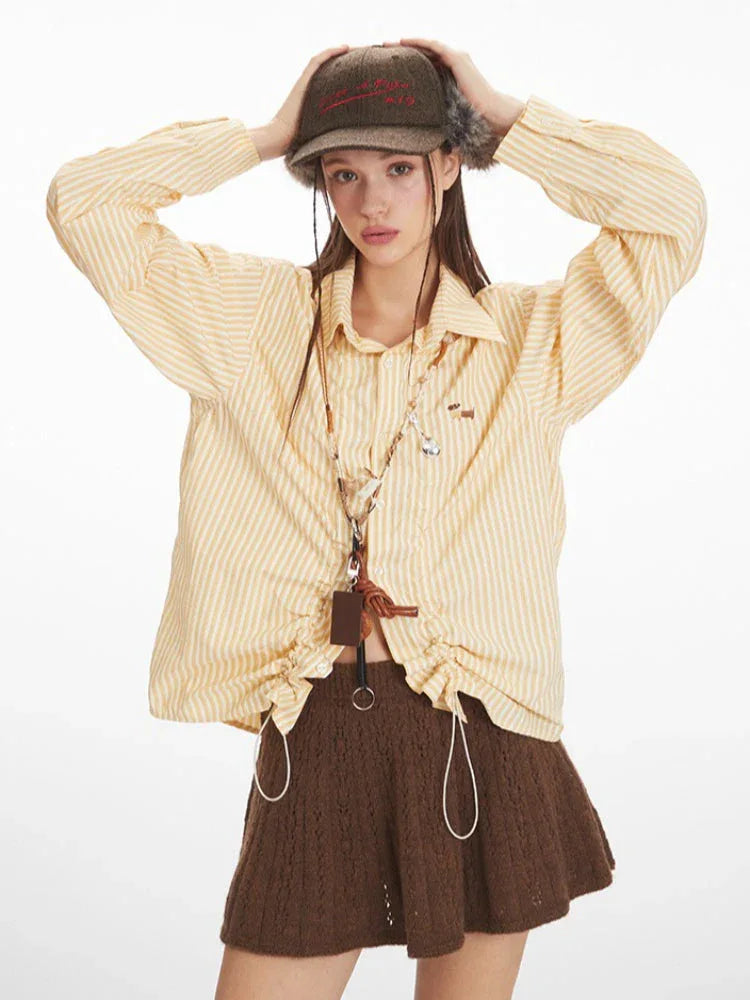Vintage Yellow Striped Ruched Shirt - TEVQA