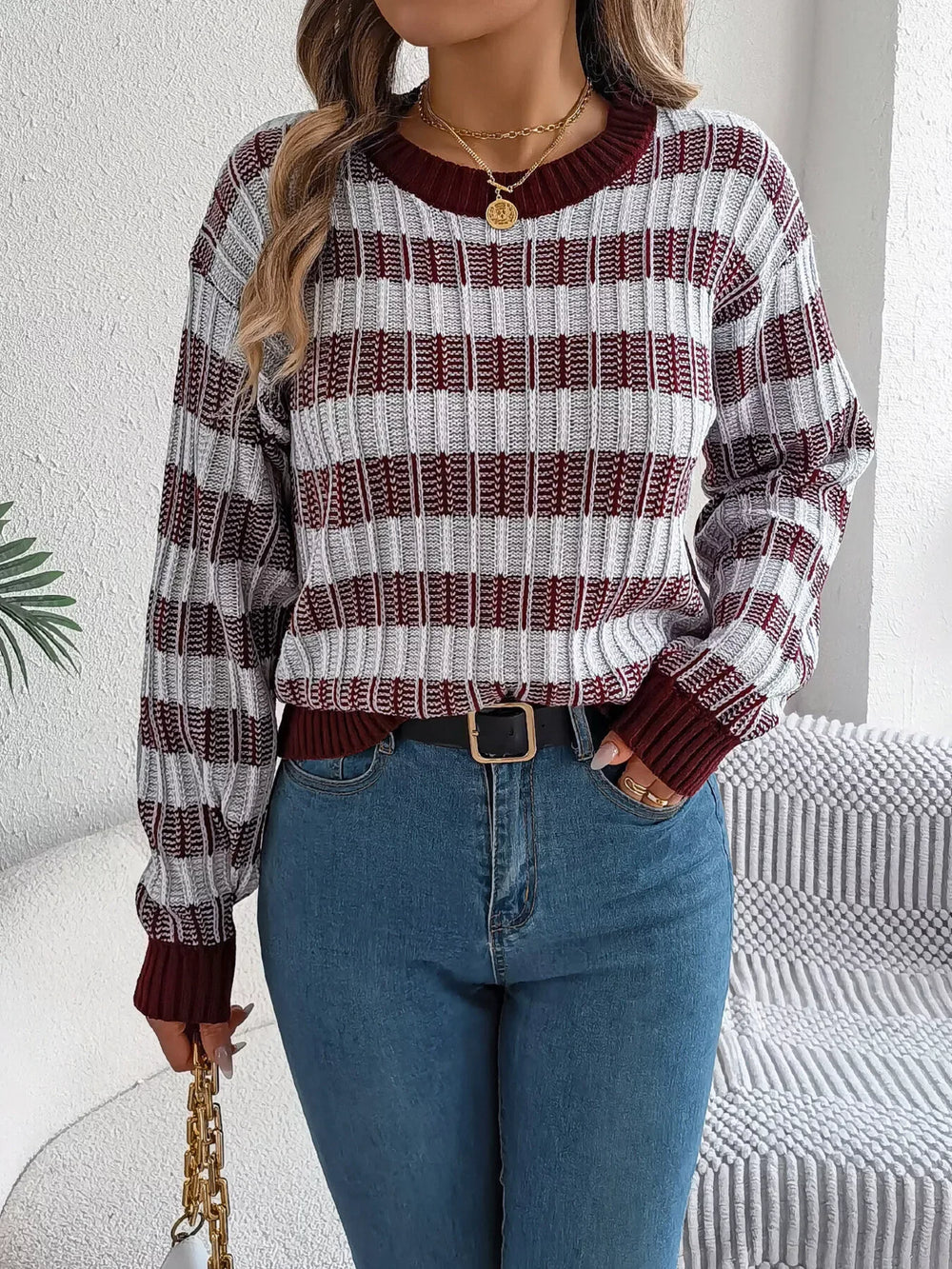 Vintage Lantern Sleeve Knit Sweater - Burgundy - TEVQA
