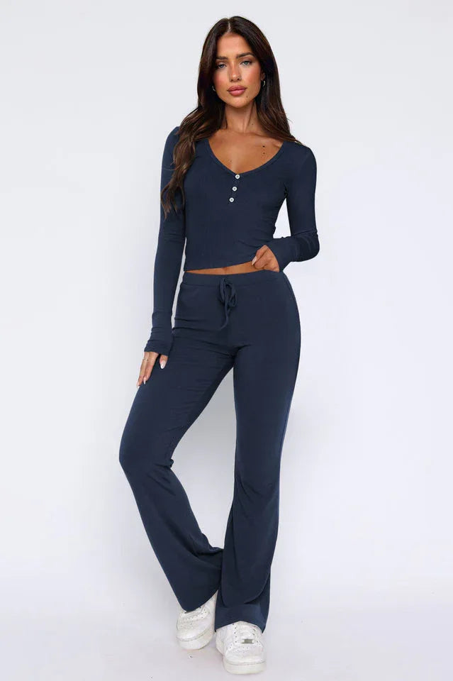 Ribbed knit pajama set with V-neck top and flared pants - View 7 | TEVQA