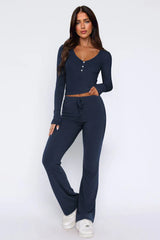 Ribbed knit pajama set with V-neck top and flared pants - View 7 | TEVQA