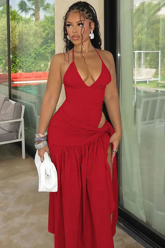 V-Neck Bodysuit Wrap Skirt Set - TEVQA