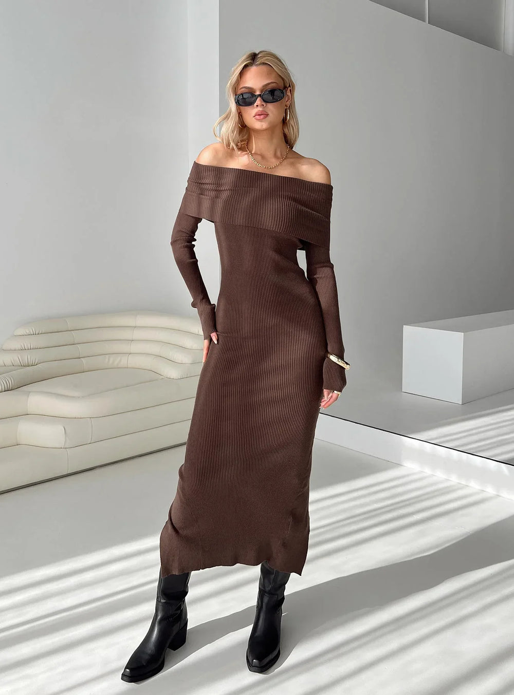 Phylis Chocolate Ribbed Off-Shoulder Knit Maxi Dress - Long Sleeve Bodycon Sweater Gown - TEVQA