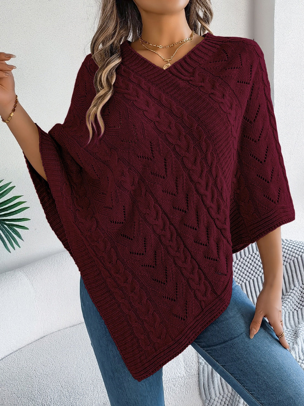 Cable-Knit Openwork Three-Quarter Sleeve Sweater OutfitFlow