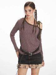 Y2K Grunge Asymmetrical Striped Long Sleeve Top - TEVQA