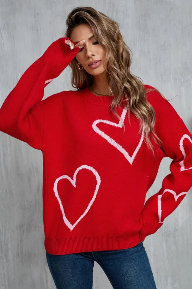Heart Print Knit Sweater - View 8 | TEVQA