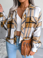 Plaid Wool Blend Lantern Sleeve Cropped Shacket