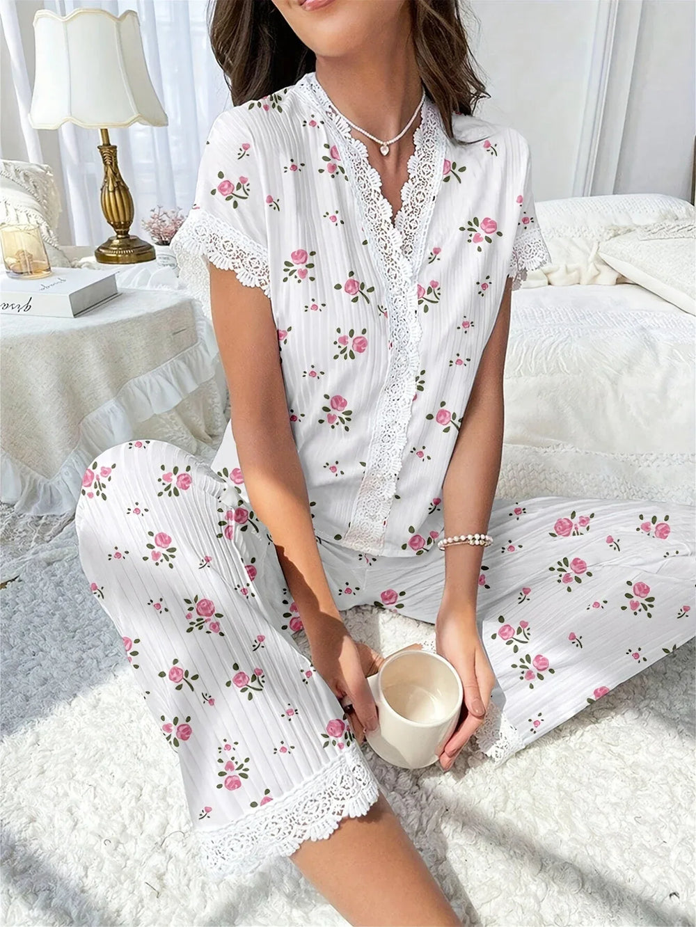 Cherry print ribbed pajama set with lace trim - View 19 | TEVQA