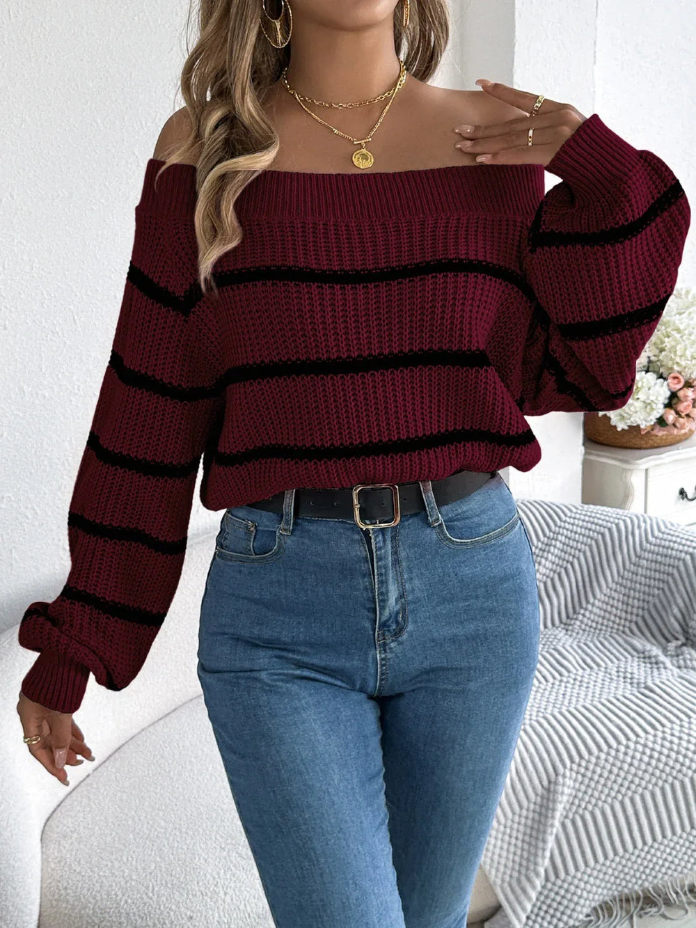 White Striped Off-Shoulder Knit Sweater - TEVQA