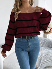 White Striped Off-Shoulder Knit Sweater - TEVQA