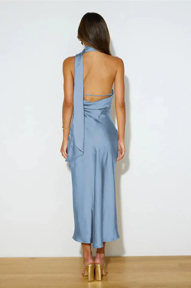 Elegant halter neck satin maxi dress - View 14 | TEVQA