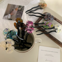 Acetate Flower French Hair Pin - 5.2" Wavy Chignon Pin