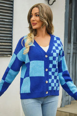 Checkerboard V-Neck Cardigan - View 19 | TEVQA