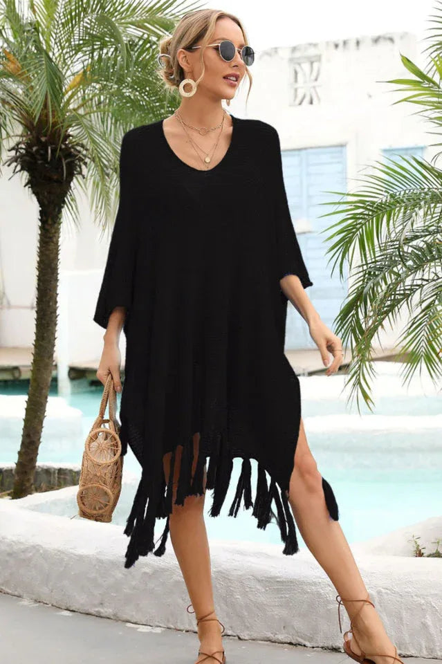 Openwork knit beach cover up with fringe hem - View 8 | TEVQA