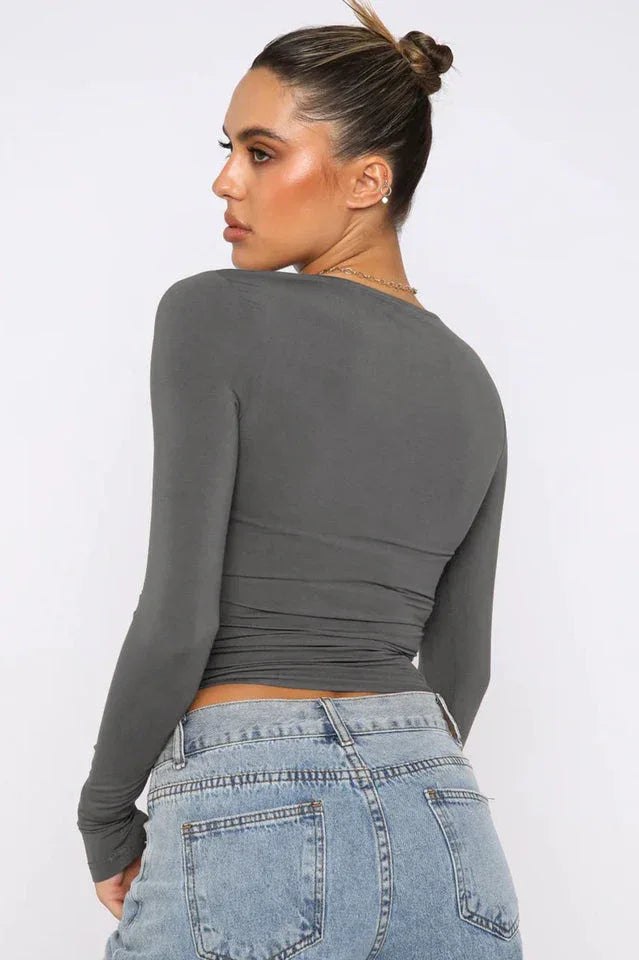 Fitted long sleeve crew neck top - View 19 | TEVQA