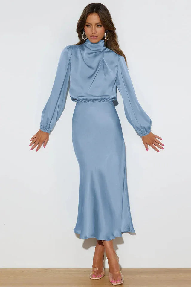 High Neck Satin Midi Dress - View 24 | TEVQA