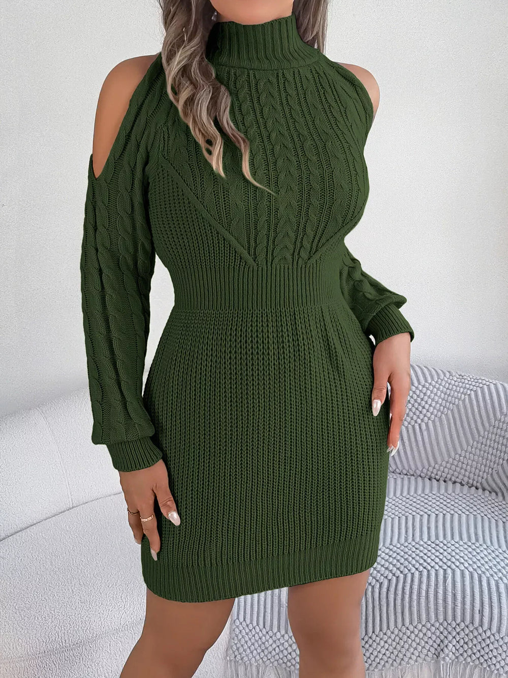 Green Cold Shoulder Cable Knit Sweater Dress - View 6 | TEVQA