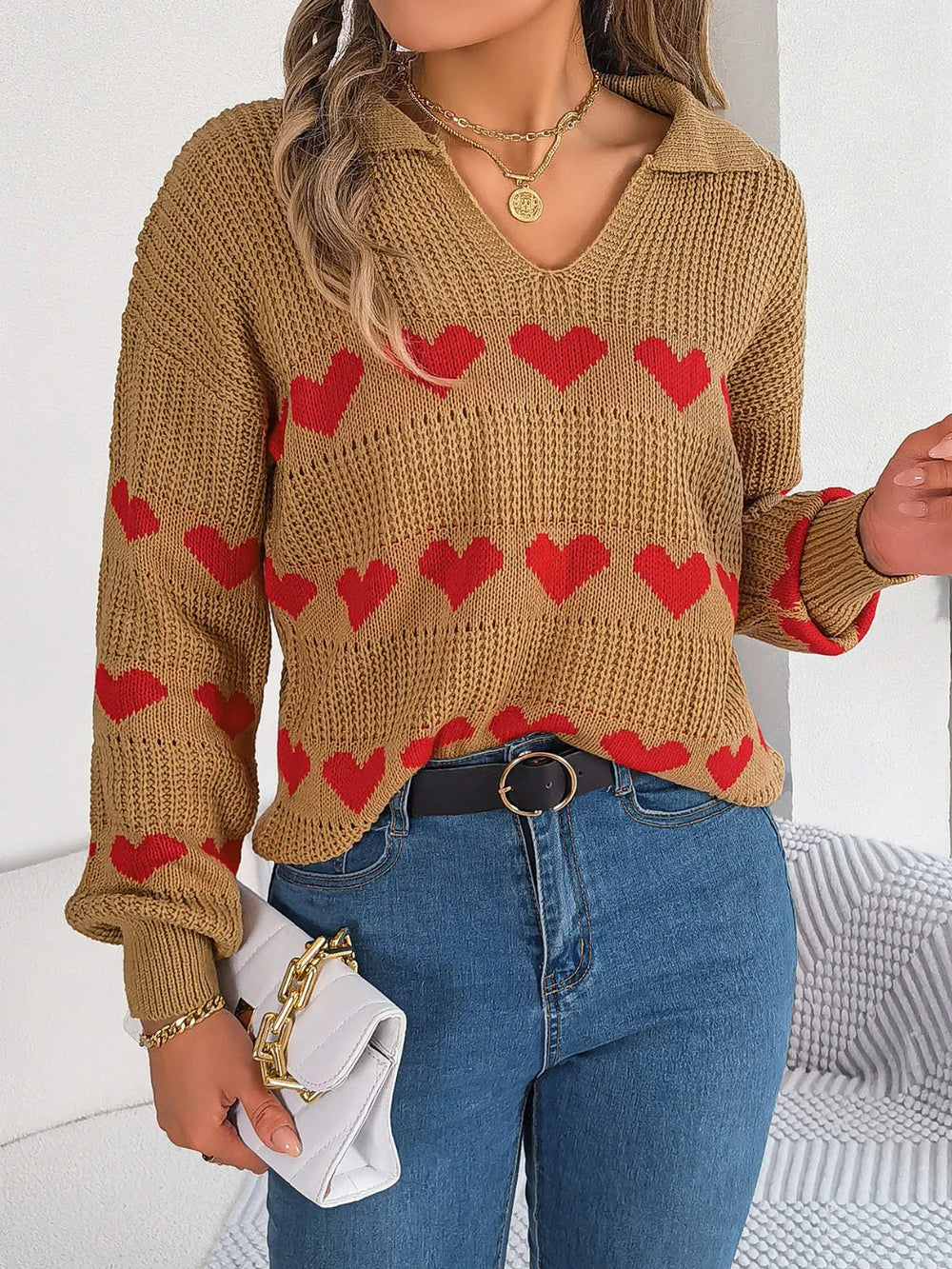 Collared Heart Print Knit Sweater - View 7 | TEVQA