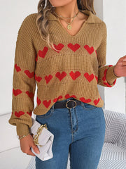 Collared Heart Print Knit Sweater - View 7 | TEVQA