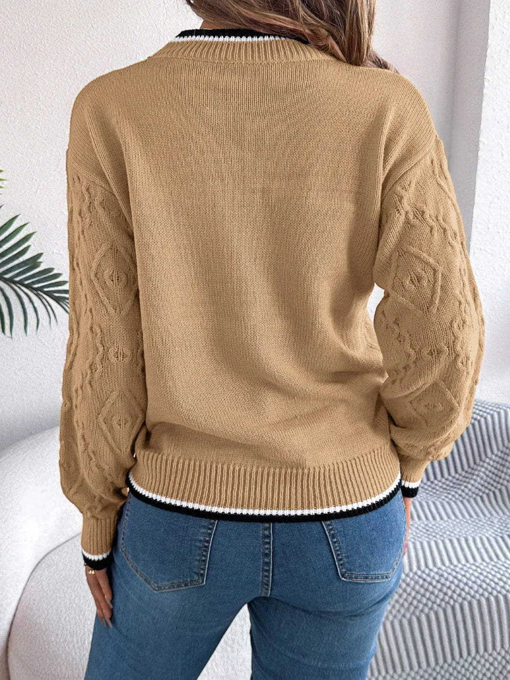 Khaki Textured Knit Sweater - TEVQA