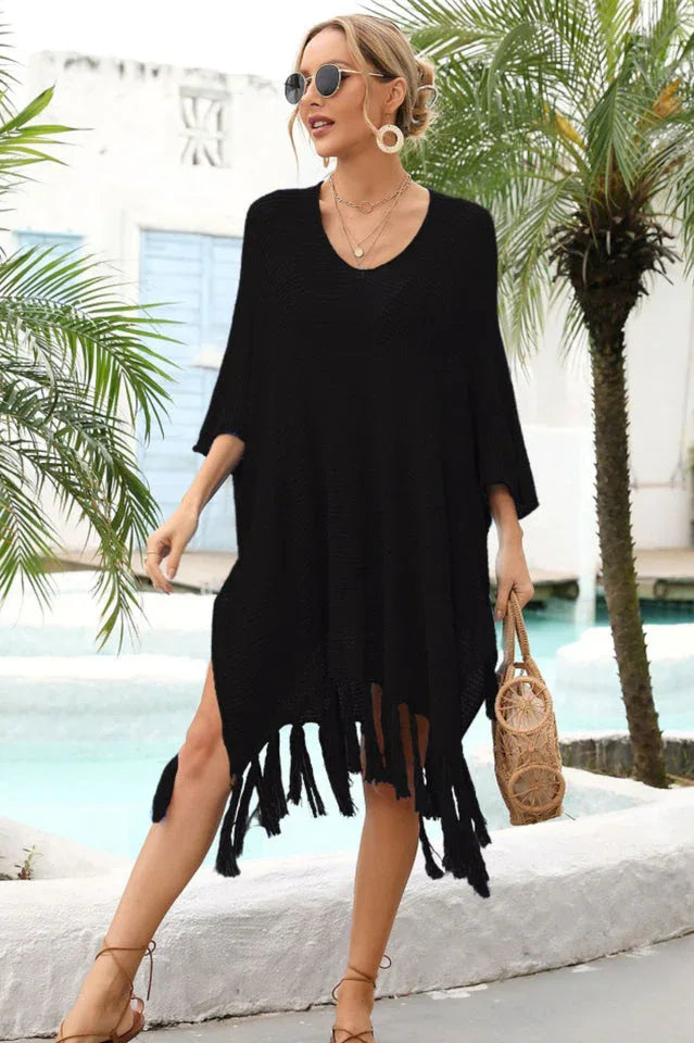 Openwork knit beach cover up with fringe hem - View 9 | TEVQA