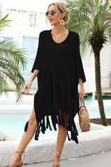 Openwork knit beach cover up with fringe hem - View 9 | TEVQA