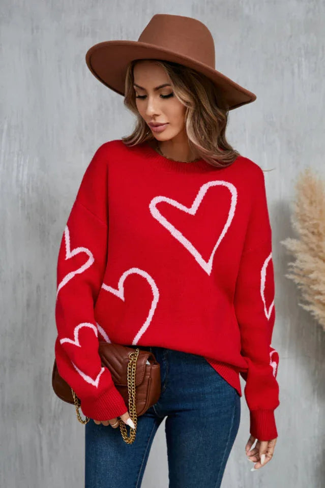 Heart Print Knit Sweater - View 9 | TEVQA