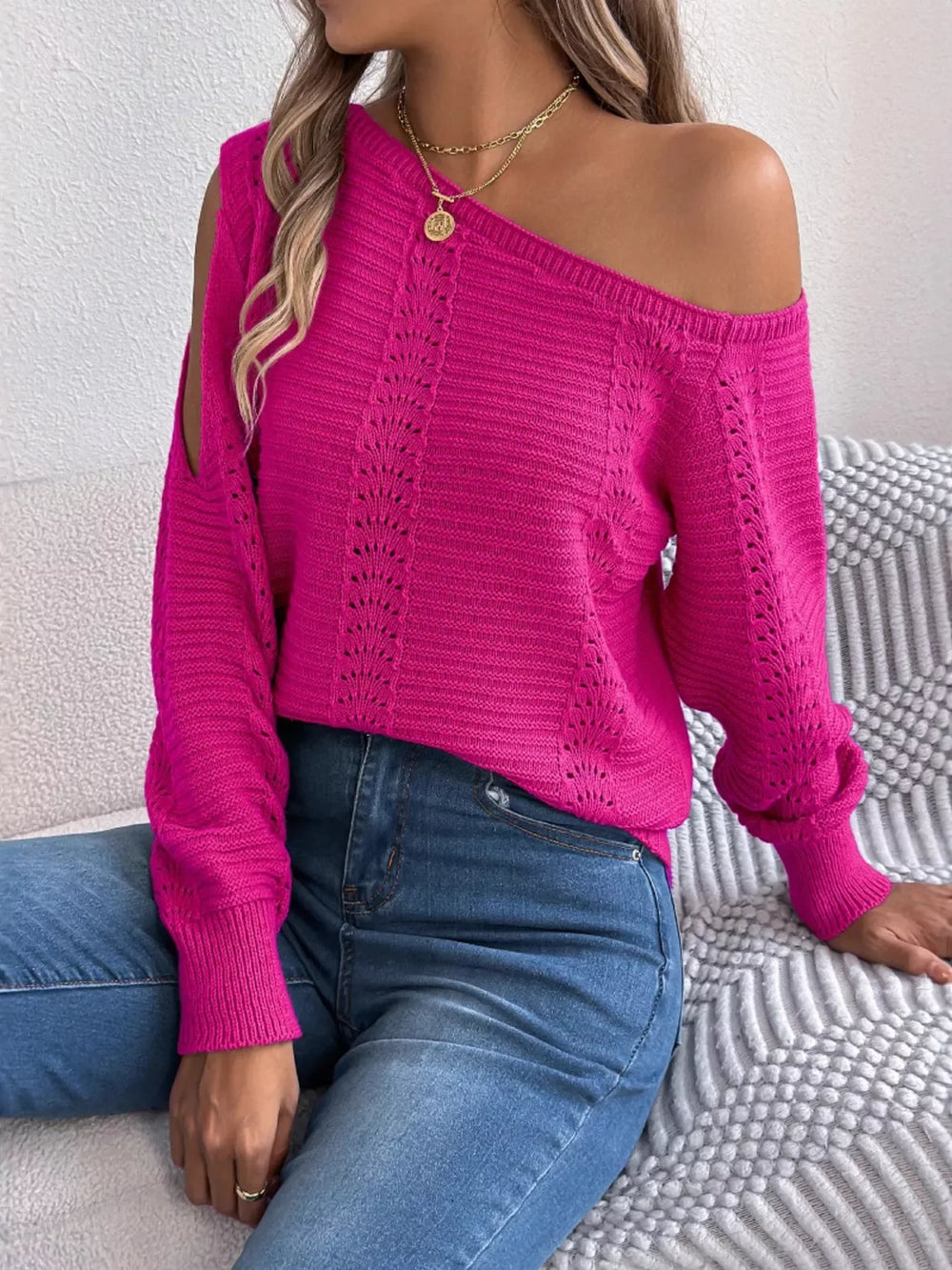 White Hollow Out Cold Shoulder Knit Sweater - TEVQA