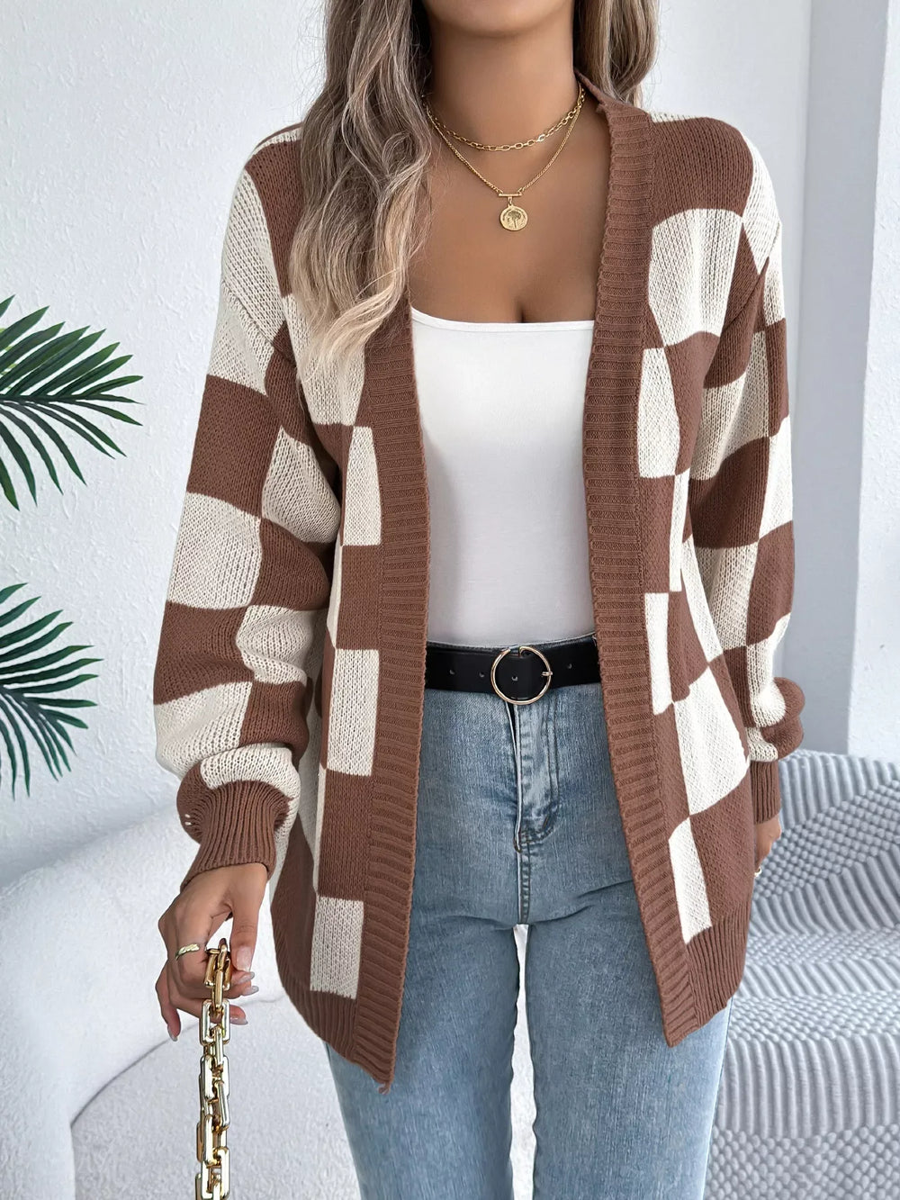 Burgundy Checkerboard Knit Cardigan - View 12 | TEVQA