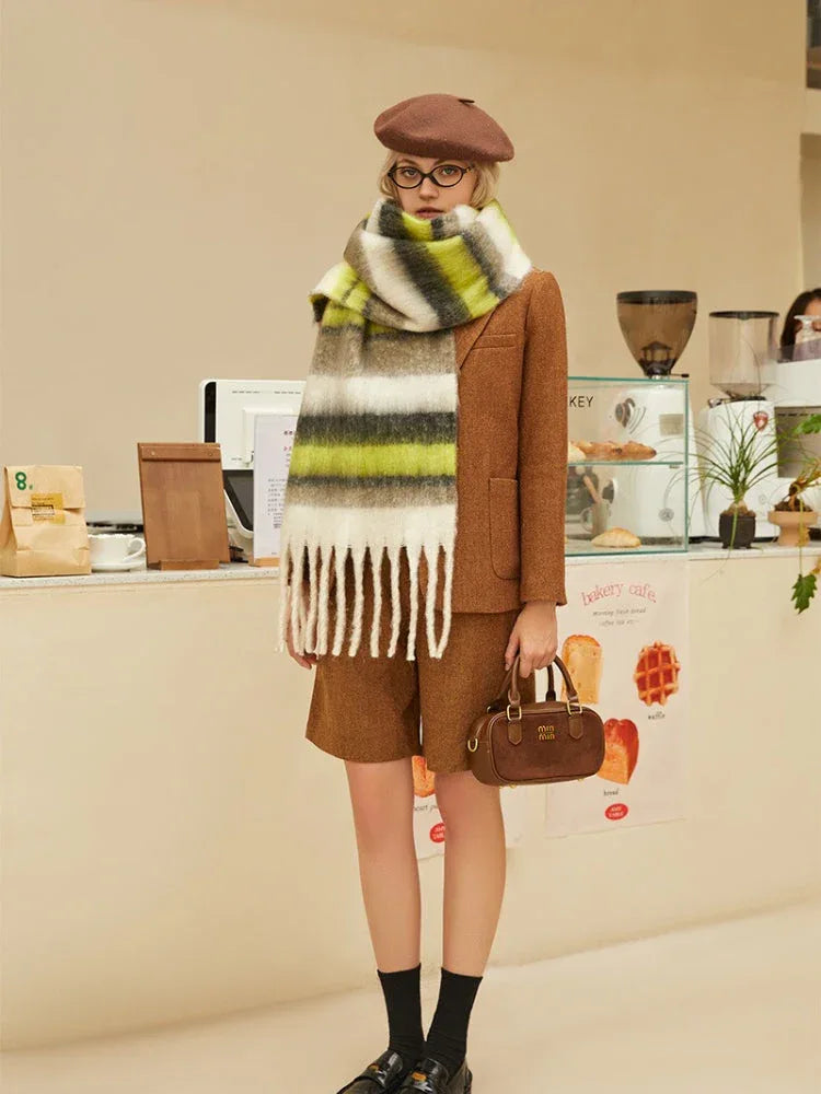 Oversized knit scarf with block stripes and fringe - View 18 | TEVQA