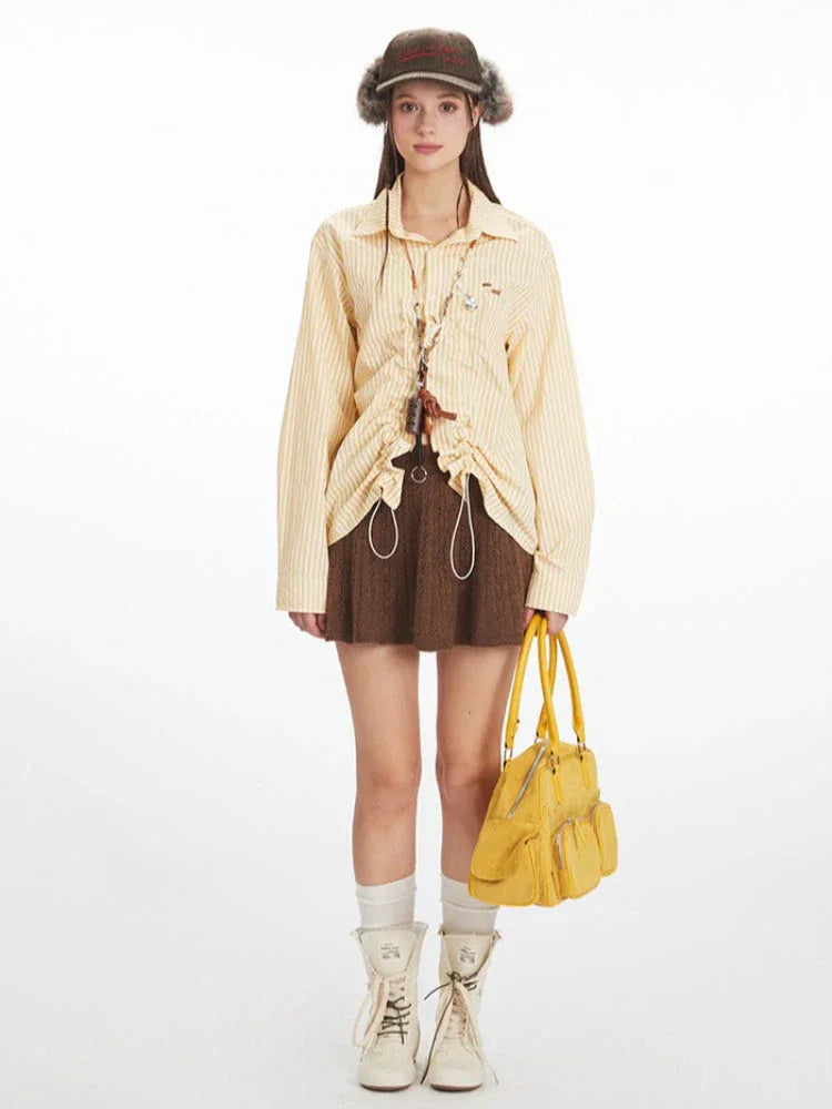 Vintage Yellow Striped Ruched Shirt - TEVQA
