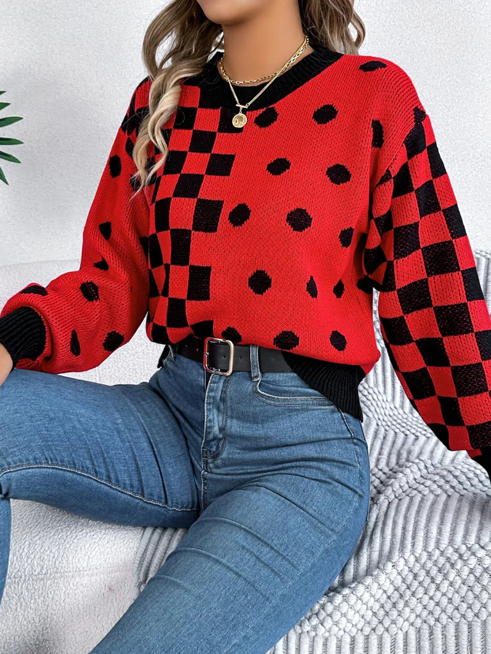 Gray Polka Dot & Checkerboard Knit Sweater - View 12 | TEVQA