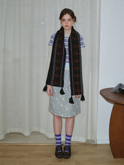 Wool Blend Fair Isle Knitted Scarf Beige Geometric Pattern with Corner Tassels