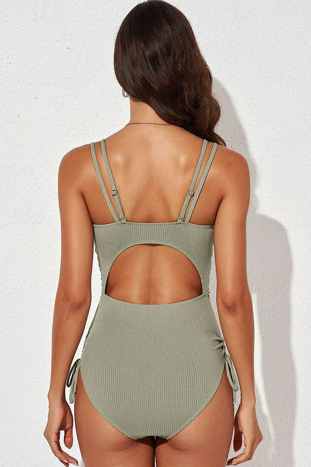V Neck Pleated One Piece Swimsuit - TEVQA