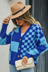 Checkerboard V-Neck Cardigan - View 20 | TEVQA