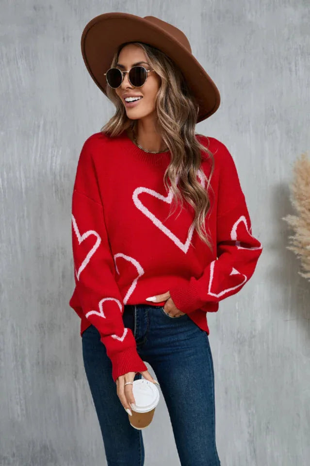 Heart Print Knit Sweater - View 7 | TEVQA