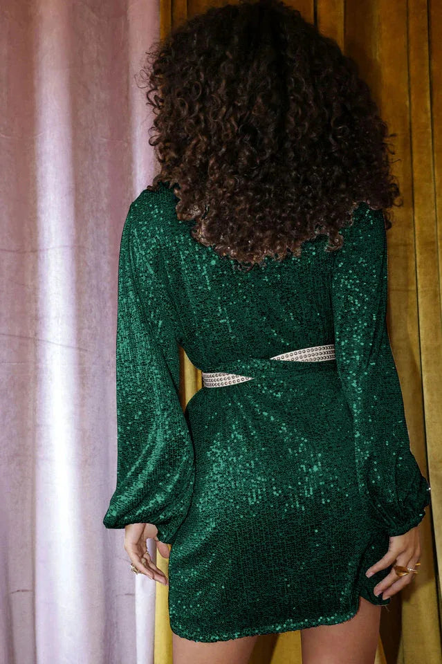 Back view of a woman in a green sequined wrap dress