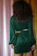Back view of a woman in a green sequined wrap dress