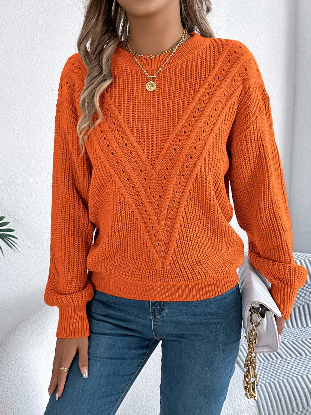 White Pointelle Knit Sweater - TEVQA