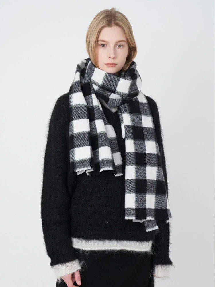 Unisex Black & White Buffalo Plaid Scarf - TEVQA