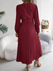 Vintage Khaki V-Neck Pleated Maxi Dress - TEVQA