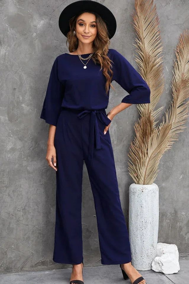 Belted Wide Leg Jumpsuit - View 9 | TEVQA