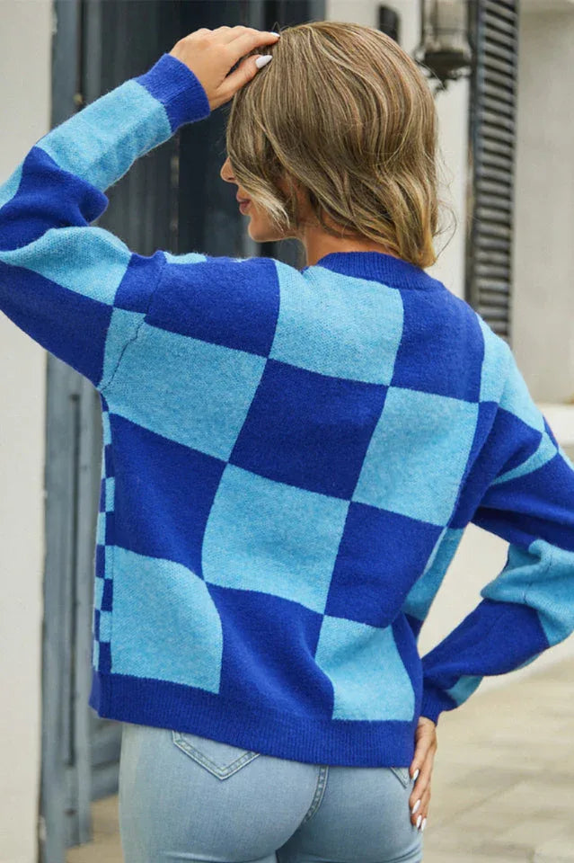 Checkerboard V-Neck Cardigan - View 22 | TEVQA
