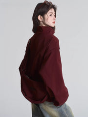 Burgundy Oversized Utility Zip-Up Windbreaker Jacket