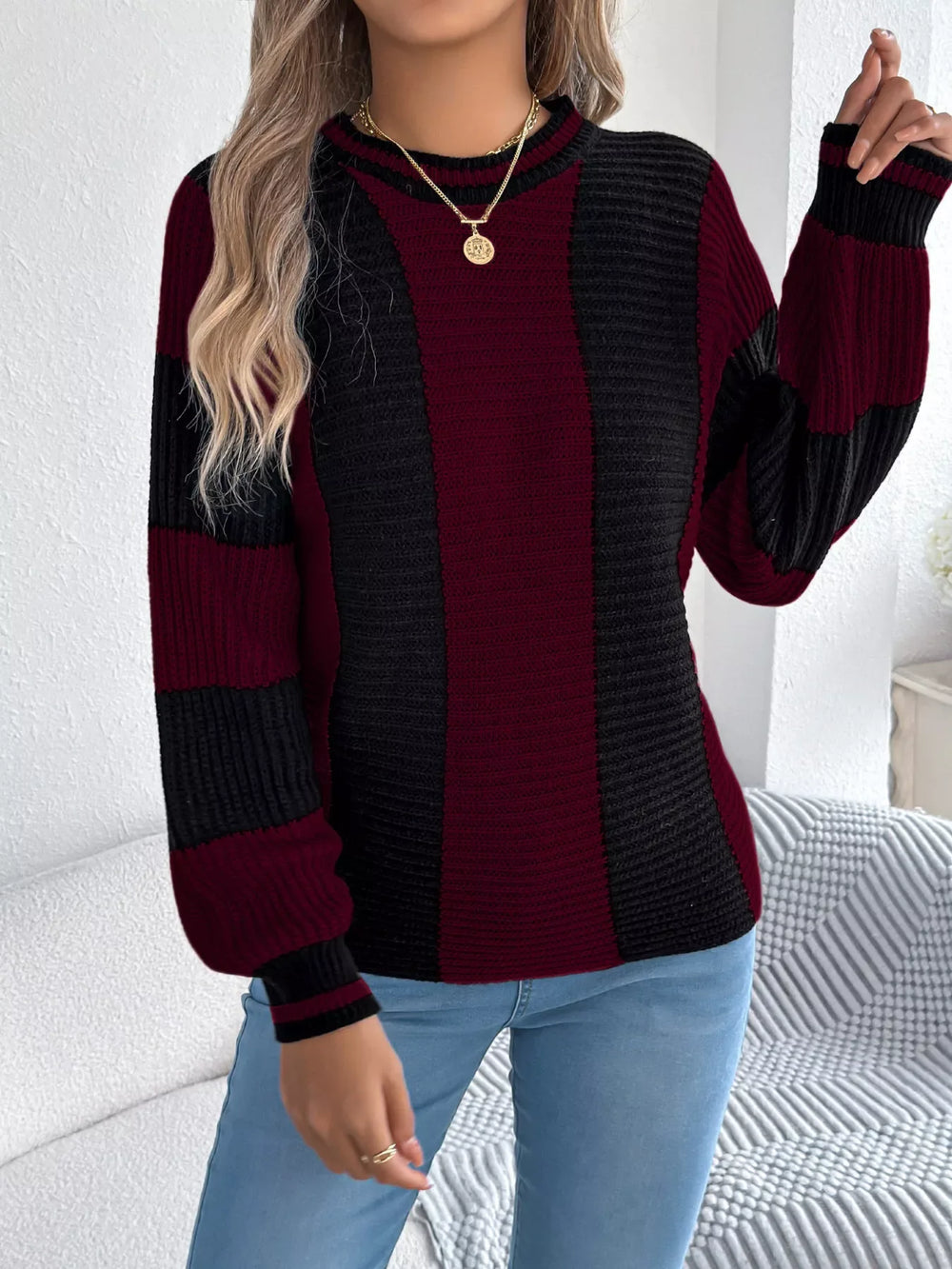 Vertical Stripe Knit Sweater - View 9 | TEVQA