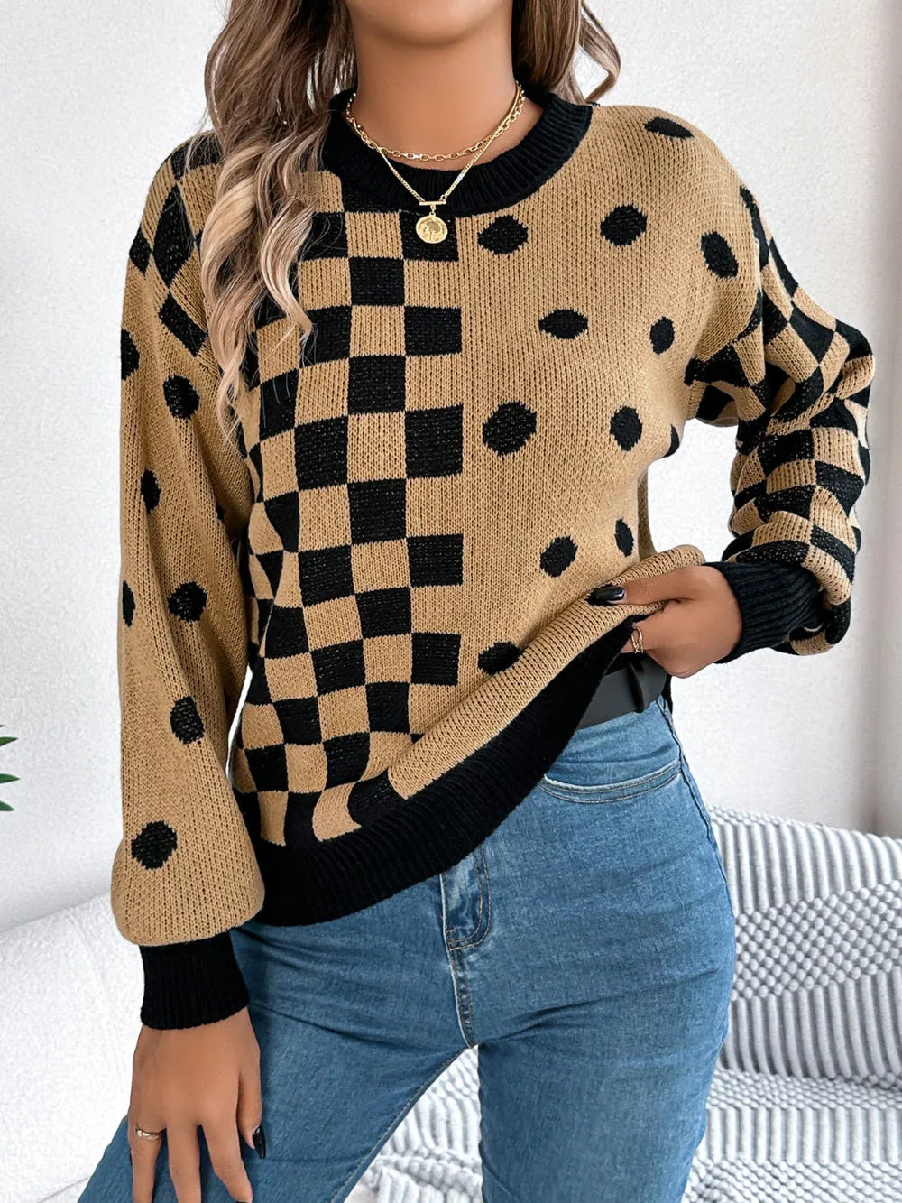 Gray Polka Dot & Checkerboard Knit Sweater - View 13 | TEVQA