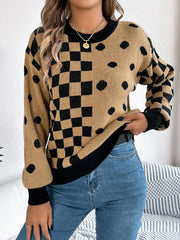 Gray Polka Dot & Checkerboard Knit Sweater - View 13 | TEVQA